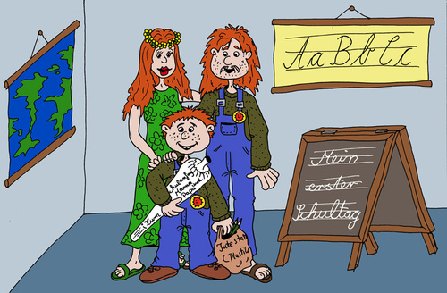 Cartoon: mein Erster Schultag (medium) by Wolfgang tagged schule,einschulung,tüte,schultüte,blumenkinder,alternative