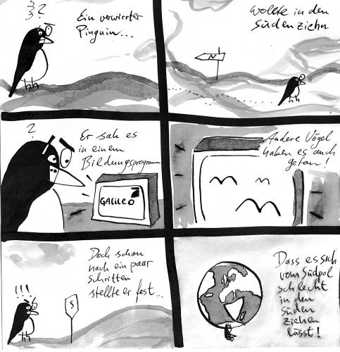 Cartoon: Bildungsfernsehen (medium) by Tobias Wolff tagged fernsehen,galileo,pro7,dokumentation,tiere,pinguin,süden,vögel,vogel,südpol