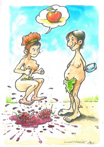 Cartoon: first wine (medium) by Liviu tagged adam,eve,forbiden,fruit