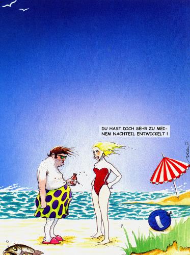 Cartoon: Beach (medium) by Pohlenz tagged beach,sand,strand,meer,urlaub,mann,frau,paar,beziehung,geschlechter,nachteil,beauty,übergewicht,alkoholiker,lifestyle