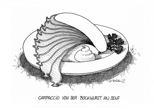 Cartoon: Carpaccio von der Bockwurst (medium) by Pohlenz tagged bockwurst,carpaccio,haute,cuisine,carpaccio,italien,gastronomie,italienisch,küche,haute cuisine,bockwurst,wurst,fleisch,vorspeise,rindfleisch,fast food,senf,nahrung,ernährung,essen,gesundheit,haute,cuisine,fast,food