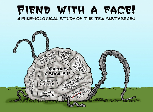 Cartoon: Fiend With A Face (medium) by dbaldinger tagged tea,party,republicans,anti,obama,phrenology,horror,films,1950s