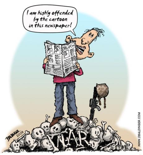 Cartoon: Offended (medium) by dbaldinger tagged war,hypocrite,whiner,newspaper