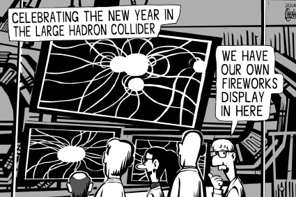 Cartoon: CERN New Year (medium) by sinann tagged new,year,happy,cern,large,hadron,collider,fireworks,celebrate