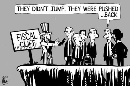 Cartoon: Fiscal cliff (medium) by sinann tagged fiscal,cliff,jump,pushed,america