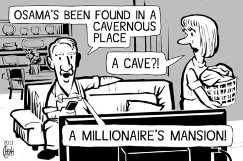 Cartoon: Osama Bin Laden found (medium) by sinann tagged osama,bin,laden,millionaire,mansion,cave