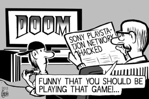 Cartoon: Sony PlayStation hack attack (medium) by sinann tagged playstation,sony,hack,gamers,network