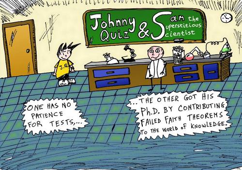 Cartoon: Johnny Quiz and Sam Scientist (medium) by laughzilla tagged johnny,quiz,sam,superstitious,scientist,laughzilla,thedailydose,cartoon,comic,webcomic,caricature