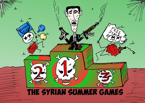 Cartoon: The Syrian Summer Games cartoon (medium) by laughzilla tagged syria,syrian,caricature,editorial,political,cartoon,summer,games,2012,bashar,assad,dictator,tyrant,president,civil,war,comic,satire