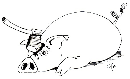 Cartoon: Volltreffer (medium) by gothiel tagged schwein,slaughtered,butcher,cleaver,beil,hackbeil,schlachter,metzger,veganer,vegetarier