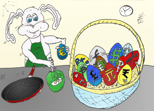 Cartoon: Easter Bunny makes omlette (medium) by BinaryOptions tagged binary,option,options,optionsclick,caricature,editorial,cartoon,comic,webcomic,egg,eggs,euro,currency,forex,basket,currencies,financial,business,economic,omlette,easter,bunny