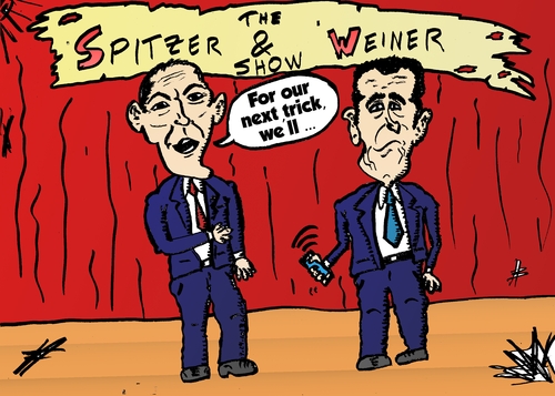 Cartoon: Spitzer and Weiner cartoon (medium) by BinaryOptions tagged spitzer,weiner,binary,option,options,trade,trader,trading,political,politician,optionsclick,caricature,webcomic,cartoon,comic,satire,financial,editorial,news