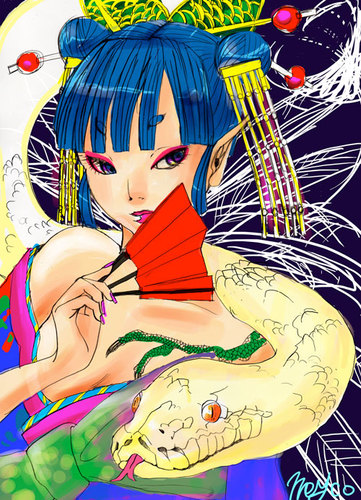 Cartoon: hakujya maihime (medium) by meyco tagged girl,snake,japanese,kimono,sensu