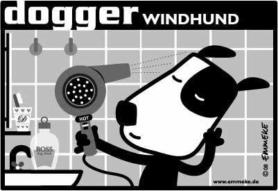 Cartoon: dogger-windhund (medium) by EMMEKE tagged foen,hairdryer,bathroom,dog,emmeke,dogger,boss,after,shave