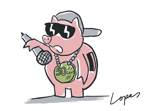 Cartoon: 50 Cent (medium) by Lopes tagged rapper,fifty,cent,piggy,bank,coin,singer,cap,music,rap