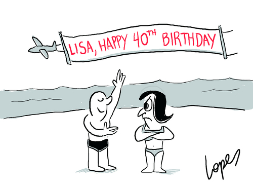 Cartoon: Birthday Gaffe (medium) by Lopes tagged beach,couple,birthday,surprise,airplane,banner,angry,happy