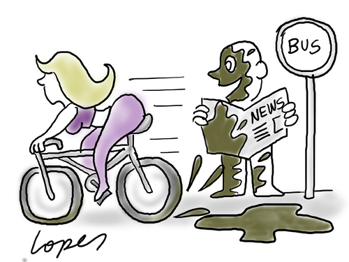 Cartoon: Fit Female Cyclist (medium) by Lopes tagged bike,bicycle,woman,fit,cyclist,bus,stop,mud,bath,newspaper,reader,blonde