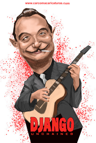 Cartoon: Django Reinhardt Unchained (medium) by carcoma tagged django,reinhrdt,unchained,movie,western,tarantino,film,desencadenado,caricatura,cine