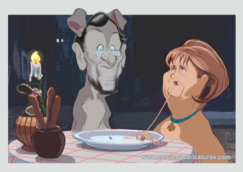 Cartoon: Lady and the tramp (medium) by carcoma tagged carcoma,caricatura,rajoy,merkel,prima,riesgo,troika,crisis,rescate