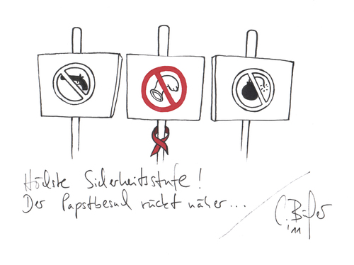 Cartoon: Der Papst kommt nach Freiburg (medium) by Carlo Büchner tagged papst,freiburg,besuch,2011,verhütung,kondom,kirche,carlo,büchner,arts