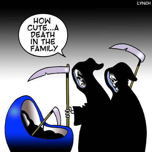 Cartoon: A death in the family (medium) by toons tagged horsemen,appocolypse,death,babies,birth,crib,afterlife