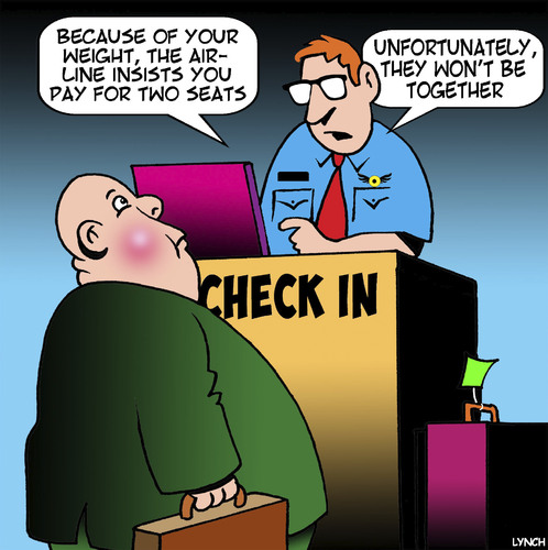 Cartoon: Airline check in (medium) by toons tagged obesity,too,fat,overweight,airline,travel,budget,check,in,counter,two,seats,together,obesity,too,fat,overweight,airline,travel,budget,check,in,counter,two,seats,together