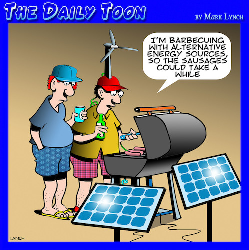 Cartoon: Barbecue (medium) by toons tagged alternative,energy,bbq,renewable,solar,panels,wind,turbine,cooking,crisis,alternative,energy,bbq,renewable,solar,panels,wind,turbine,cooking,crisis