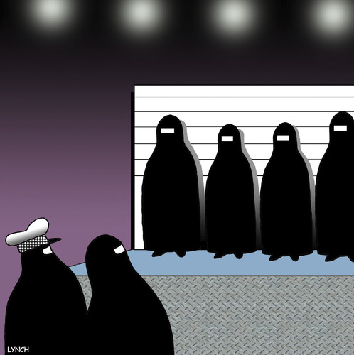 Cartoon: Burqa police lineup (medium) by toons tagged burqa,burka,police,lineup,under,arrest,law,and,order,burqa,burka,police,lineup,under,arrest,law,and,order