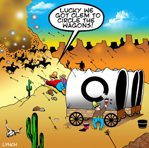 Cartoon: circle the wagons (medium) by toons tagged cowboys,indians,wild,west,wagon,train,covered,wagons,and,western,bow,arrow