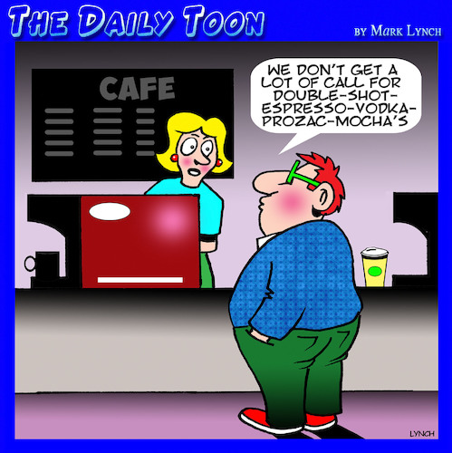 Cartoon: Coffee time (medium) by toons tagged coffee,barista,cafe,vodka,prozac,mocha,shop,espresso,coffee,barista,cafe,vodka,prozac,mocha,shop,espresso