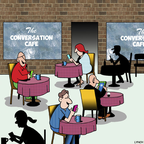 Cartoon: Conversation cafe (medium) by toons tagged social,media,facebook,google,smart,phones,ipads,instagram,mobile,devices,cafe,coffee,social,media,facebook,google,smart,phones,ipads,instagram,mobile,devices,cafe,coffee