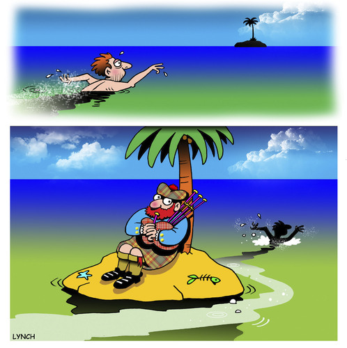 Cartoon: Desert island bagpipes (medium) by toons tagged bagpipes,desert,island,survivor,bagpipes,desert,island,survivor