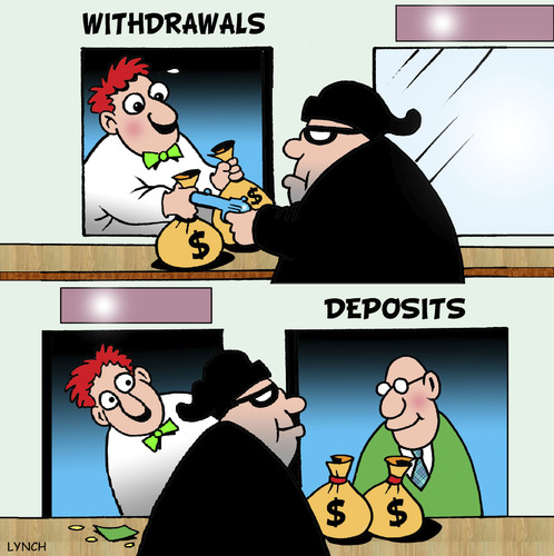 Cartoon: Dumb crook (medium) by toons tagged banking,robbers,gangster,stealing,bank,deposits,interest,rates