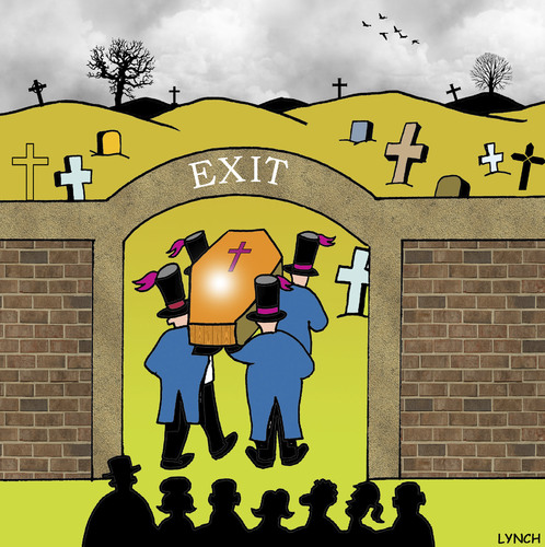 Cartoon: exit (medium) by toons tagged funerals,cemetary,coffin,corpse,exit,sign