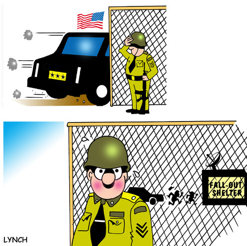 Cartoon: fall out shelter (medium) by toons tagged us,president,nuclear,arms,war,attack,forces,limo,race