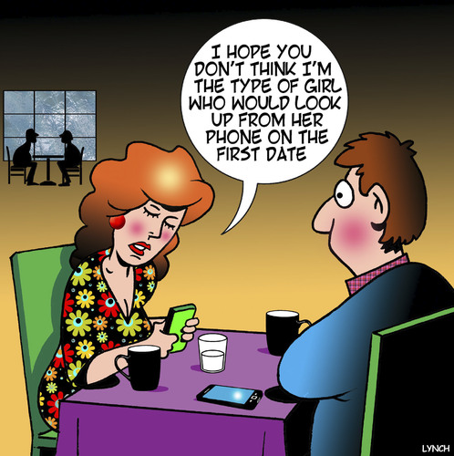 Cartoon: First date (medium) by toons tagged first,date,staring,at,phone,smart,phones,first,date,staring,at,phone,smart,phones
