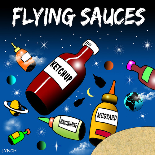 Cartoon: flying sauces (medium) by toons tagged flying,saucers,space,tomato,sauce,ketchup,mayonnaise,food,craft,condements,aliens,myths,universe