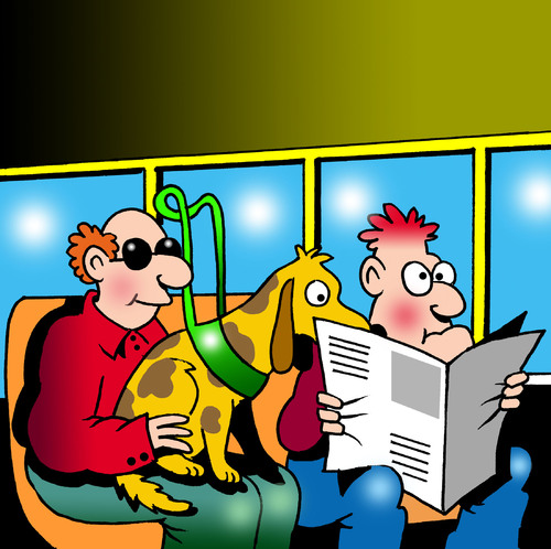 Cartoon: guide dog reader (medium) by toons tagged guide,dogs,blind,sight,impaired,newspapers,public,transport,reading,over,shoulder,trains,subway,tube,sunglasses