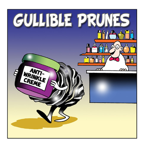 Cartoon: Gullible prunes (medium) by toons tagged pharmacy,anti,wrinkle,creme,prunes,perfumes,chemist,drug,store,ageing,moisturiser,stretch,marks,wrinkles