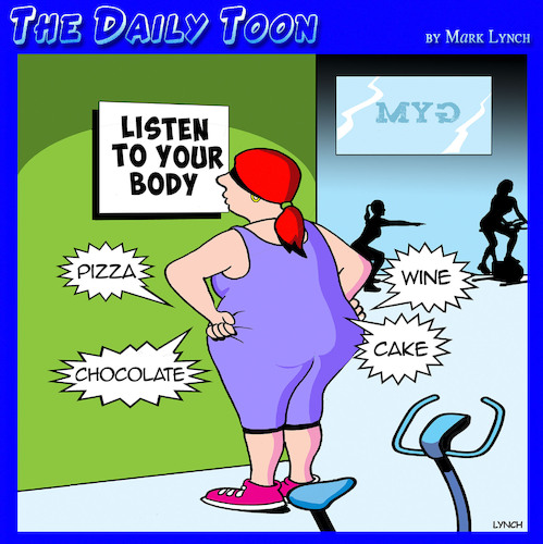 Cartoon: Gym workout (medium) by toons tagged listen,to,your,body,chocolate,wine,cake,fitness,obesity,listen,to,your,body,chocolate,wine,cake,fitness,obesity