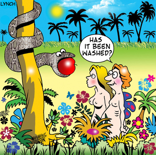 Cartoon: Has it been washed (medium) by toons tagged adam,and,eve,serpent,snakes,fruit,apples,garden,of,eden,organic,jungle,bible,cleanliness