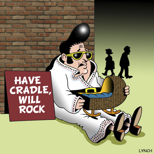 Cartoon: have cradle will rock (medium) by toons tagged elvis,rock,and,roll,music,the,king,presley,children,babies,begging,cradle,pram,crib