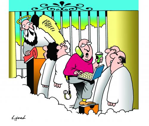 Cartoon: Heaven can wait (medium) by toons tagged heaven,devil,angels,afterlife,computers,phones,gen,