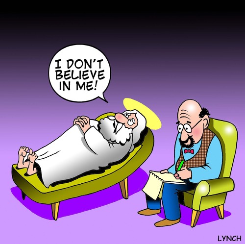Cartoon: I dont believe in me (medium) by toons tagged god,psychiatrist,psychiatry,heaven,self,belief,mental,health,analyst