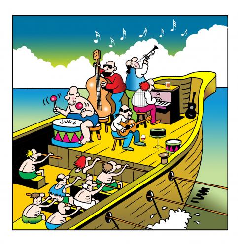 Cartoon: jazzed up slave ship (medium) by toons tagged jazz,music,musicians,trumpet,slavery,slave,ship,bands,drums,oceans,cruising