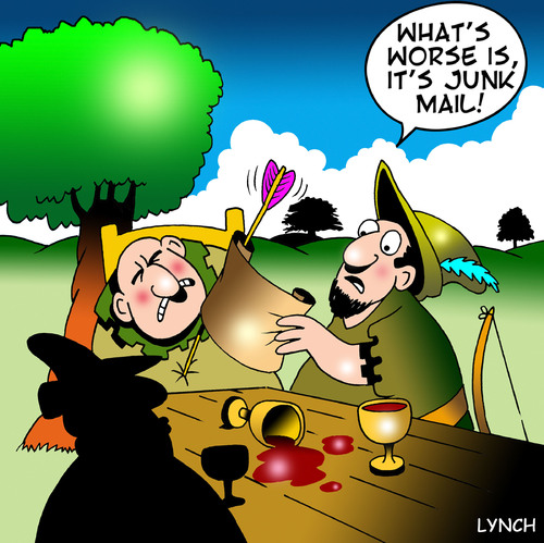 Cartoon: junk mail (medium) by toons tagged junk,mail,robin,hood,sherwood,forest,medievil,spam,unwanted,bow,and,arrow,archery,email,documents,merry,men,texting