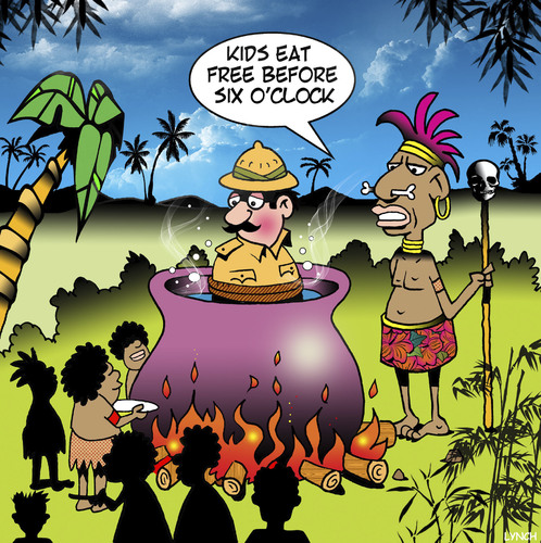 Cartoon: Kids eat free (medium) by toons tagged cannibals,kids,eat,free,ancient,customs,menu,explorers,natives,jungle,cannibals,kids,eat,free,ancient,customs,menu,explorers,natives,jungle