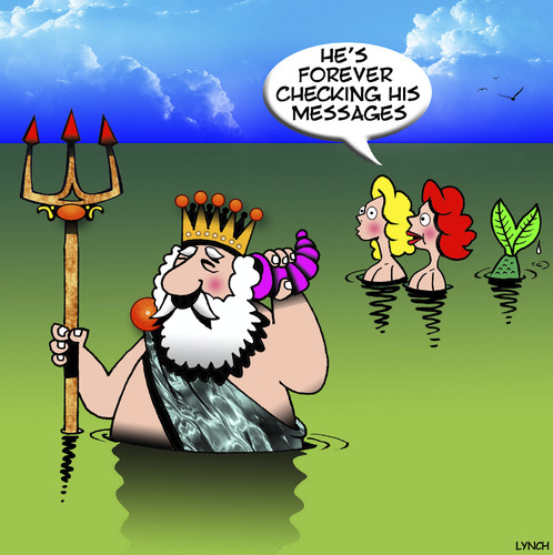 Cartoon: King Neptune (medium) by toons tagged mermaids,king,neptune,emails,messaging,sms,texting,answering,machine,check,for,messages,myths,mermaids,king,neptune,emails,messaging,sms,texting,answering,machine,check,for,messages,myths