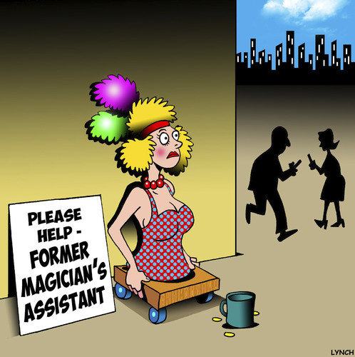 Cartoon: Magicians assistant (medium) by toons tagged magic,tricks,magicians,assistant,sawn,in,half,begging,legless,magic,tricks,magicians,assistant,sawn,in,half,begging,legless