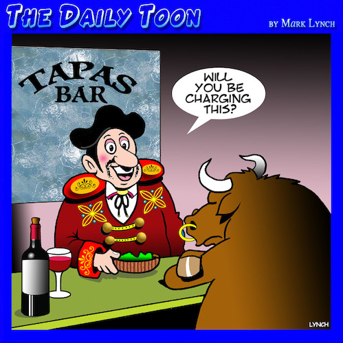 Cartoon: Matador (medium) by toons tagged tapas,bar,matador,bulls,bullfights,restaurants,animals,spain,spanish,cuisine,tapas,bar,matador,bulls,bullfights,restaurants,animals,spain,spanish,cuisine